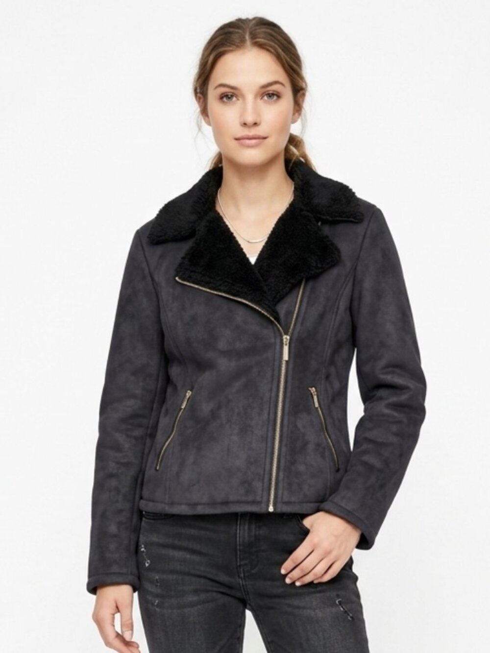 Chaps Moto Jacket Black Faux Suede Sherpa Grunge Biker L